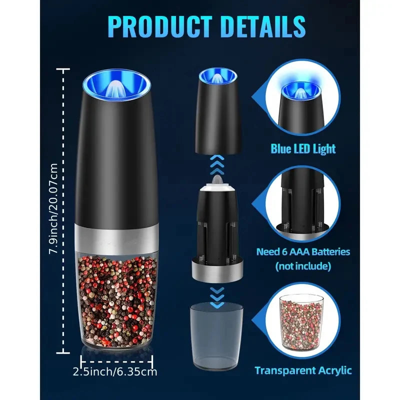 Gravity Electric Salt & Pepper Grinder Auto Tilt, Adjustable Coarseness (Battery Powered)
