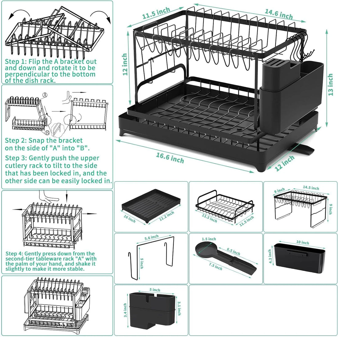 Kitchen countertop 2-tier dish drying rack, kitchen countertop dish drainer with drip tray, metal kitchen dish rack with drip tr