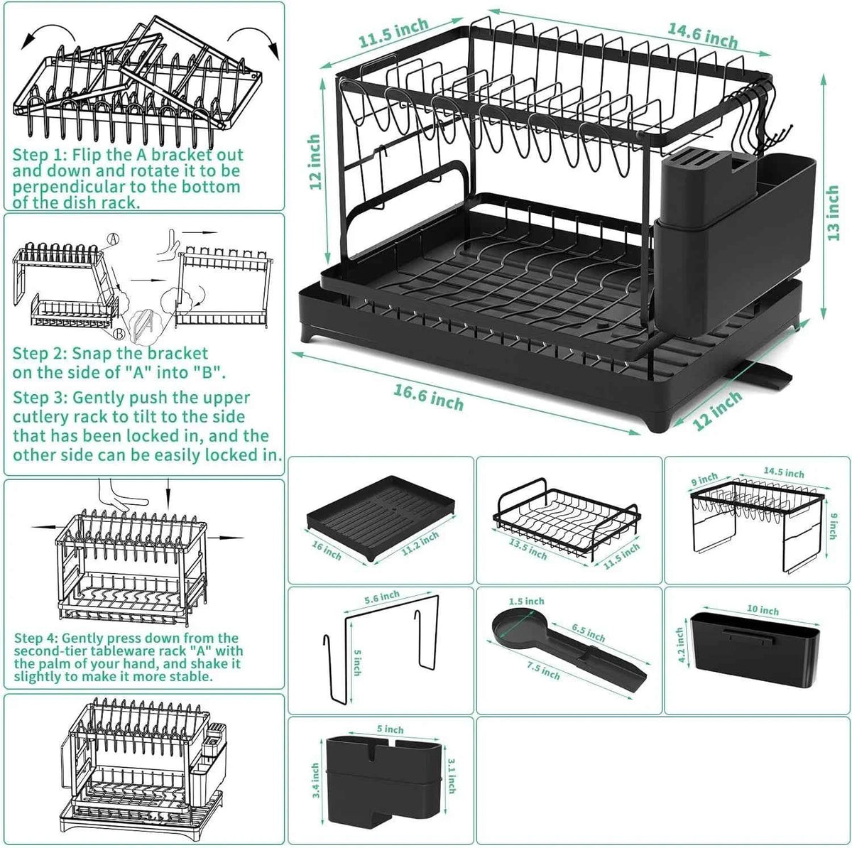 2-Tier Kitchen Dish Drying Rack with Drip Tray - Countertop Metal Dish Drainer - Hom Haven