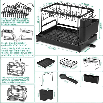 2-Tier Kitchen Dish Drying Rack with Drip Tray - Countertop Metal Dish Drainer - Hom Haven