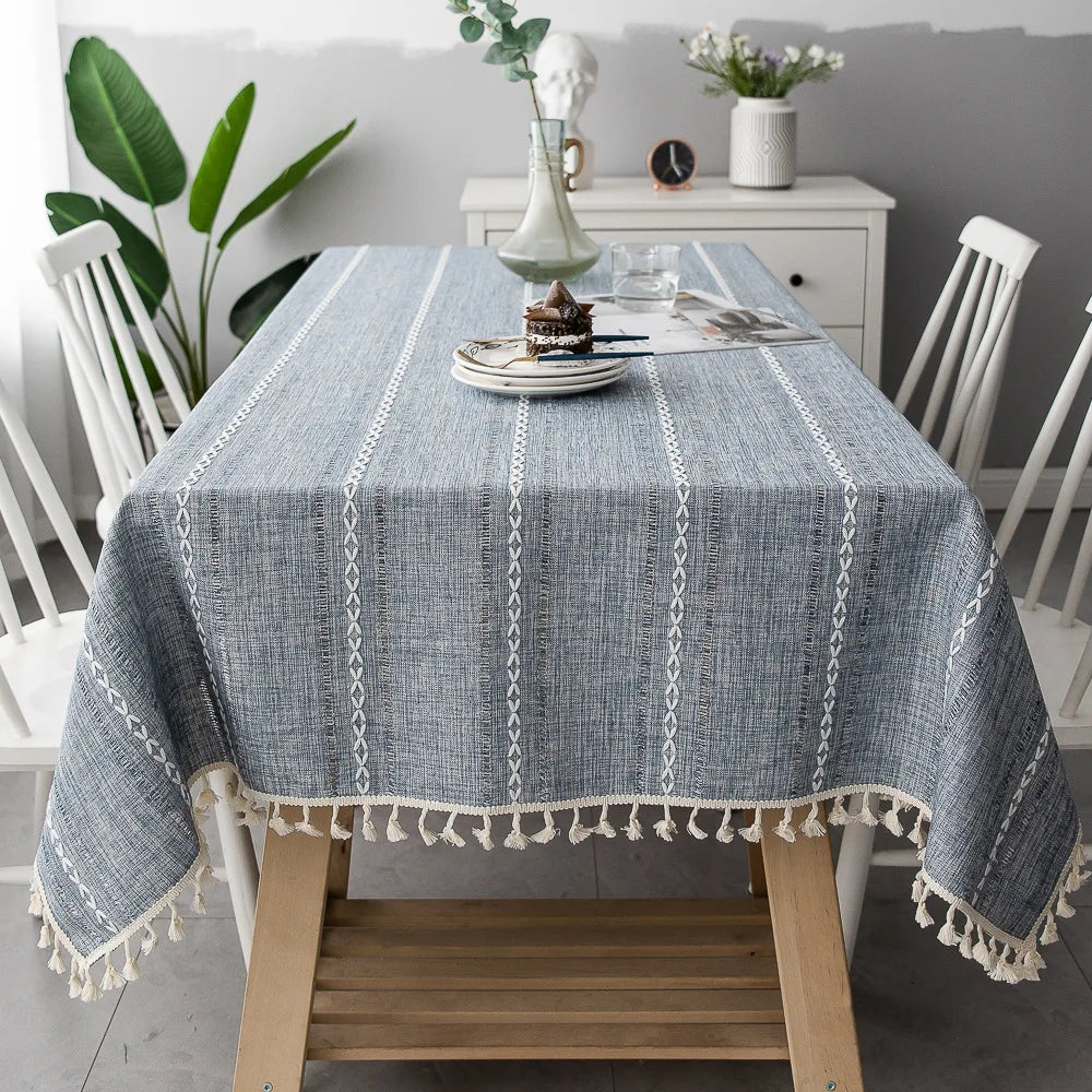 Cotton Linen Stripe Tassel Tablecloth Stain Resistant Dust-Proof Table Cover for Kitchen Dinning Tabletop Decoration Rectangular
