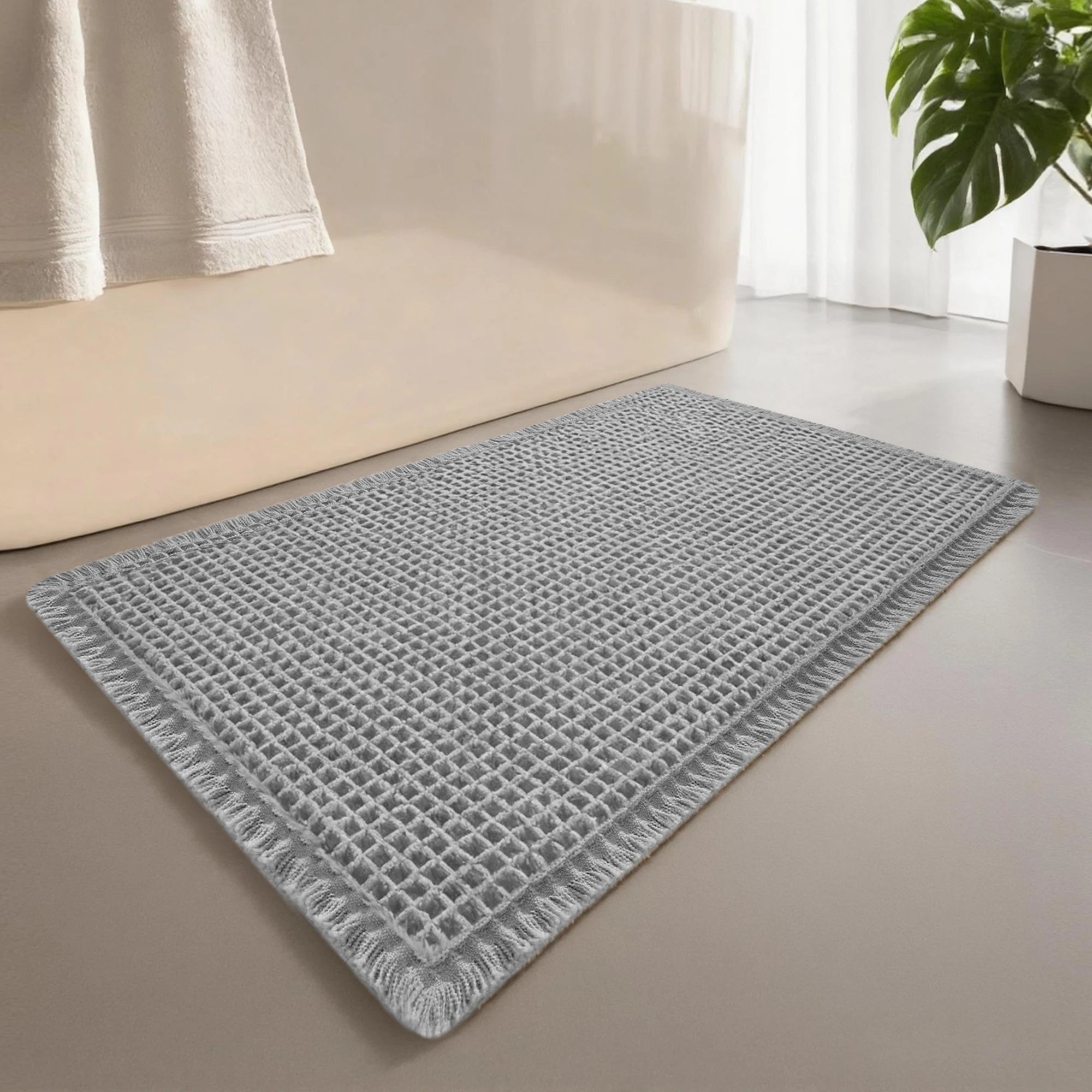 Waffle Bathroom Rugs Soft Non Slip Machine Washable Super Absorbent Bath Mats with Tassels for Bathroom Floor Tub Beside Decor
