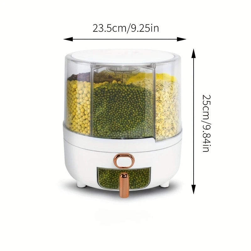 6-Compartment 360° Rotating Airtight Food Storage Container - Moisture-Proof Pantry Organizer for Cereal, Candy & Rice