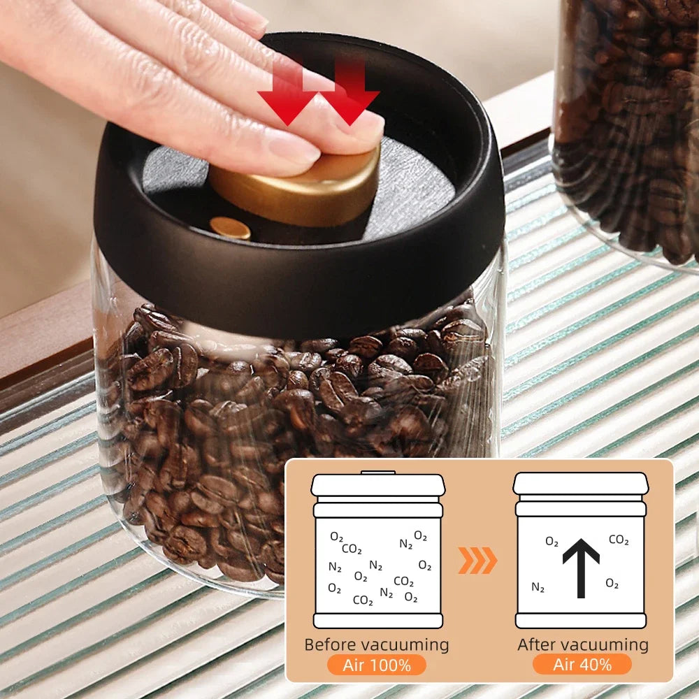 Vacuum Sealed Glass Storage Jar - Airtight Coffee Bean, Tea & Food Container