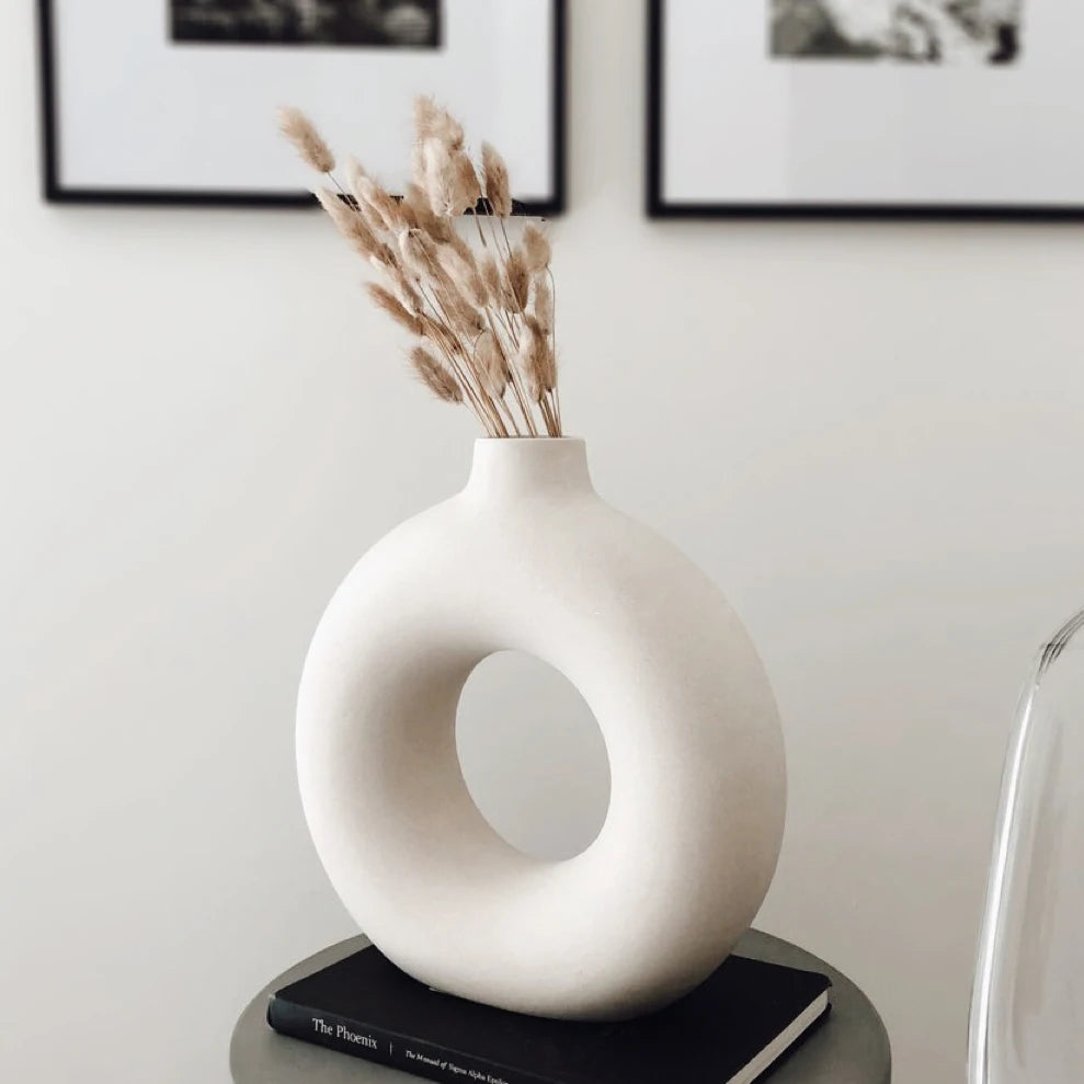 Nordic Circular Hollow Ceramic Donut Vase - Decorative Flower Pot for Living Room, Office & Desktop Decor