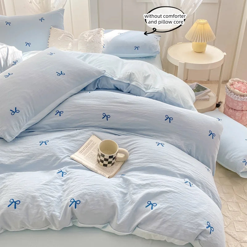 3 Piece Sheet Set  pink bowknot embroidery duvet cover Set ， comfortable Bedding Set Bedspread for All Season