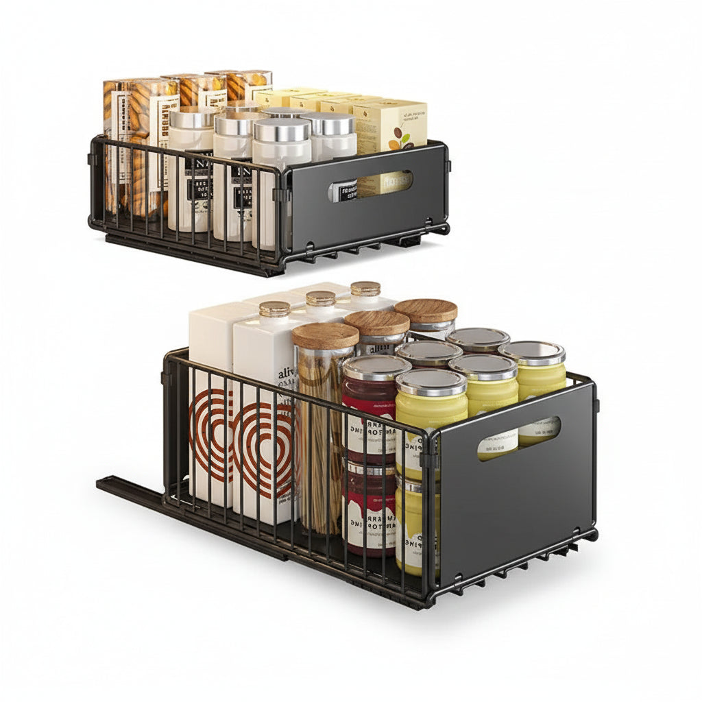 Pull-Out Cabinet Storage Rack - Metal Kitchen Seasoning & Bathroom Deep Cabinet Organizer Basket