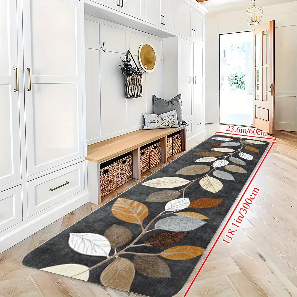 VIKAMA Leaf Pattern Gradient Grey Kitchen Rug - Waterproof Doormat & Bedroom Runner Carpet