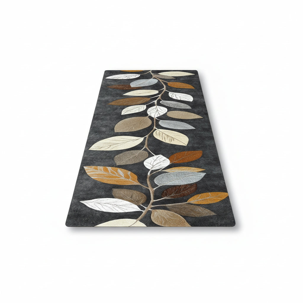 VIKAMA Leaf Pattern Gradient Grey Kitchen Rug - Waterproof Doormat & Bedroom Runner Carpet