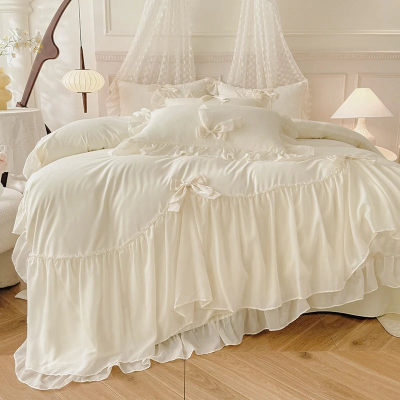 3pcs White Bedding set ruffles Duvet Cover Set (1*Duvet Cover + 2*Pillowcase, Without Core)for bedroom guest room