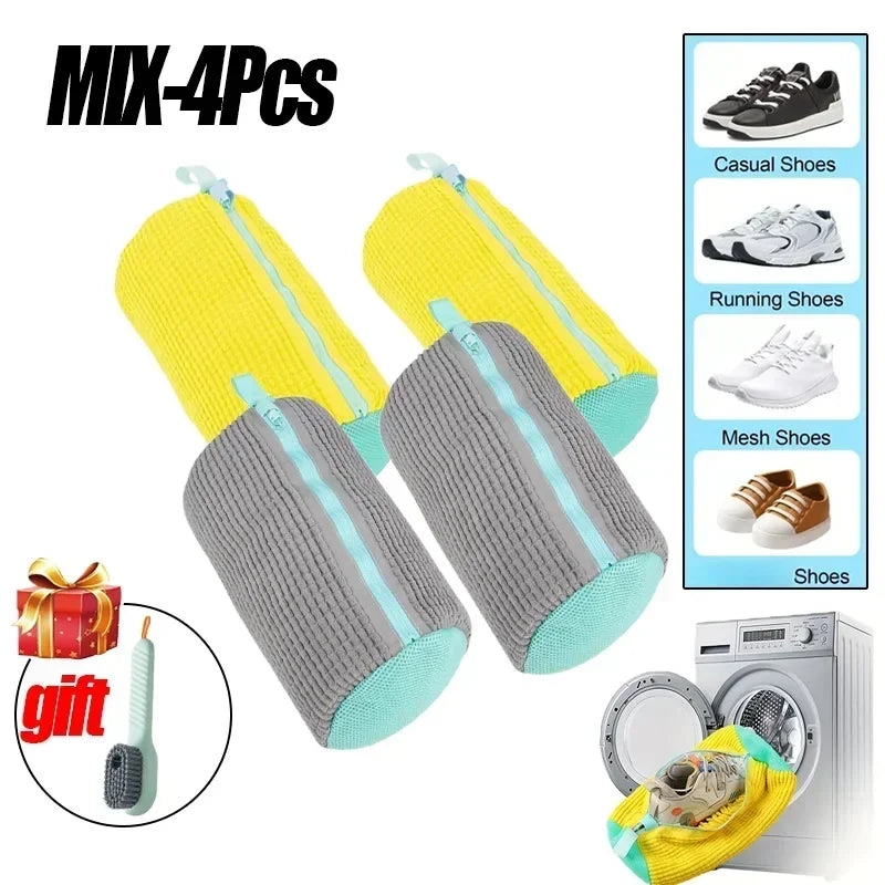 Shoe Washing Machine Bag with Liquid Shoe Brush Set - Durable Laundry Shoe Bag for All Shoe Types (1/2/4 Pcs)