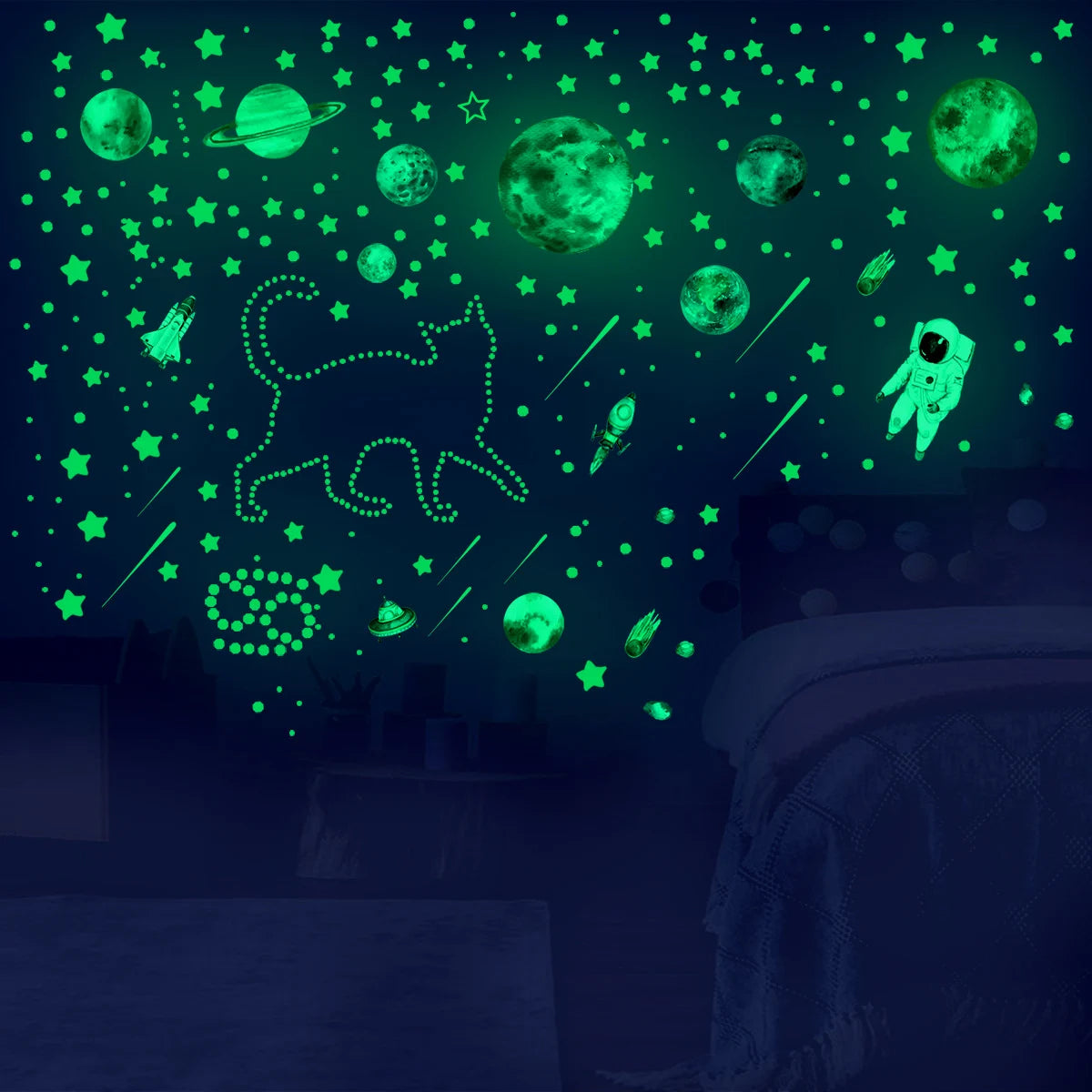 849-Piece Glow in the Dark Stars Wall Stickers - Luminous Planet & Spaceship Ceiling Decals for Kids Room DIY Decor