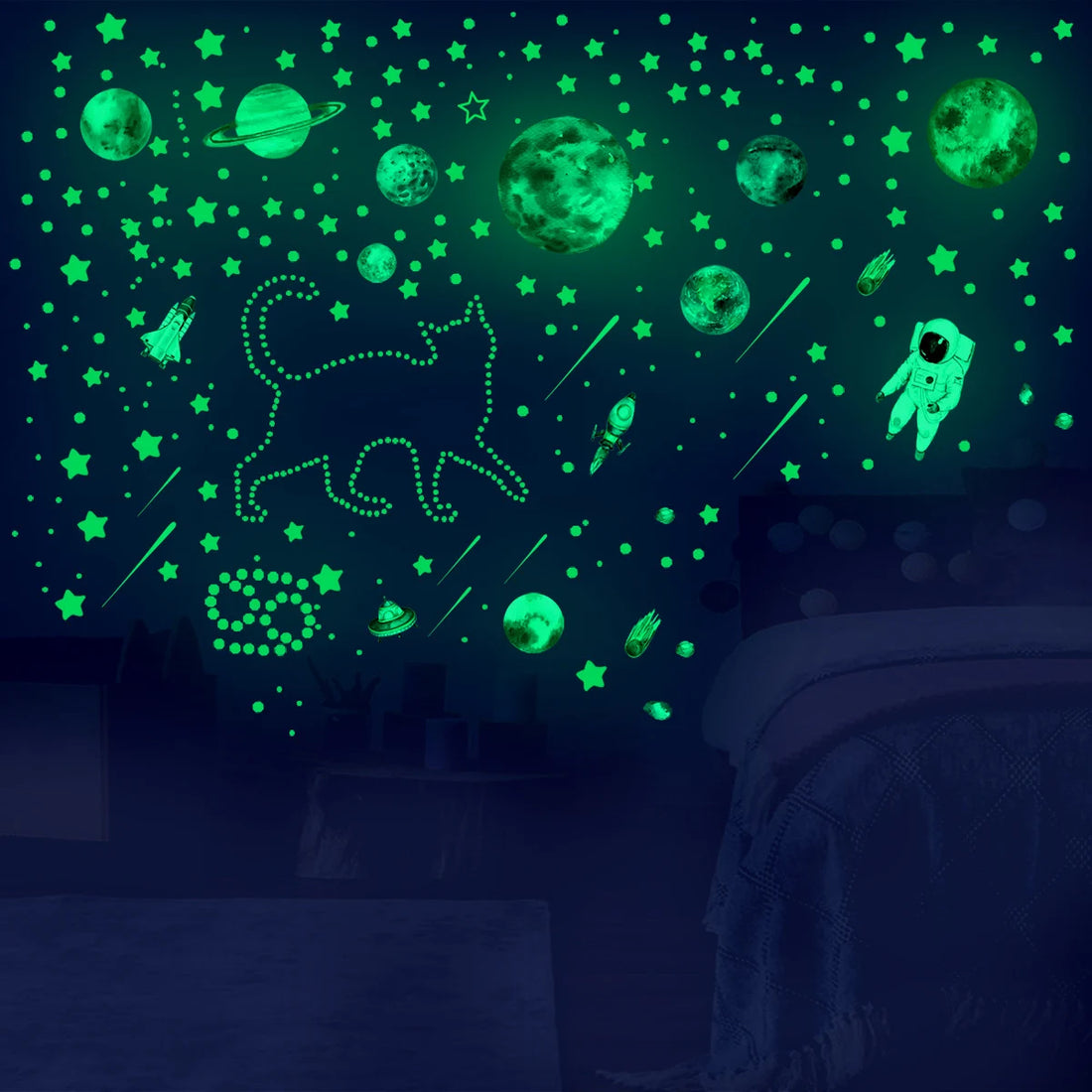 849-Piece Glow in the Dark Stars Wall Stickers - Luminous Planet & Spaceship Ceiling Decals for Kids Room DIY Decor