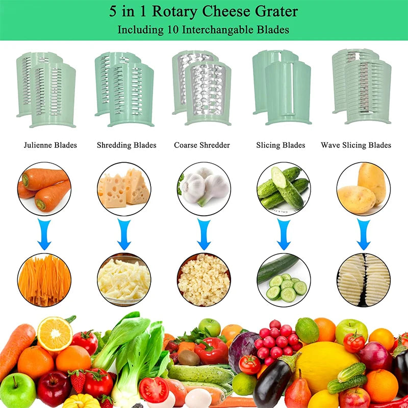 5-in-1 Rotary Cheese Grater Vegetable Cutter with Suction Base