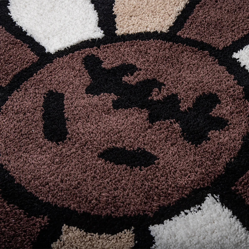 Smiling Face Tufted Round Rug - Retro Rainbow Flower Art Rug for Bedroom, Bathroom & Living Room