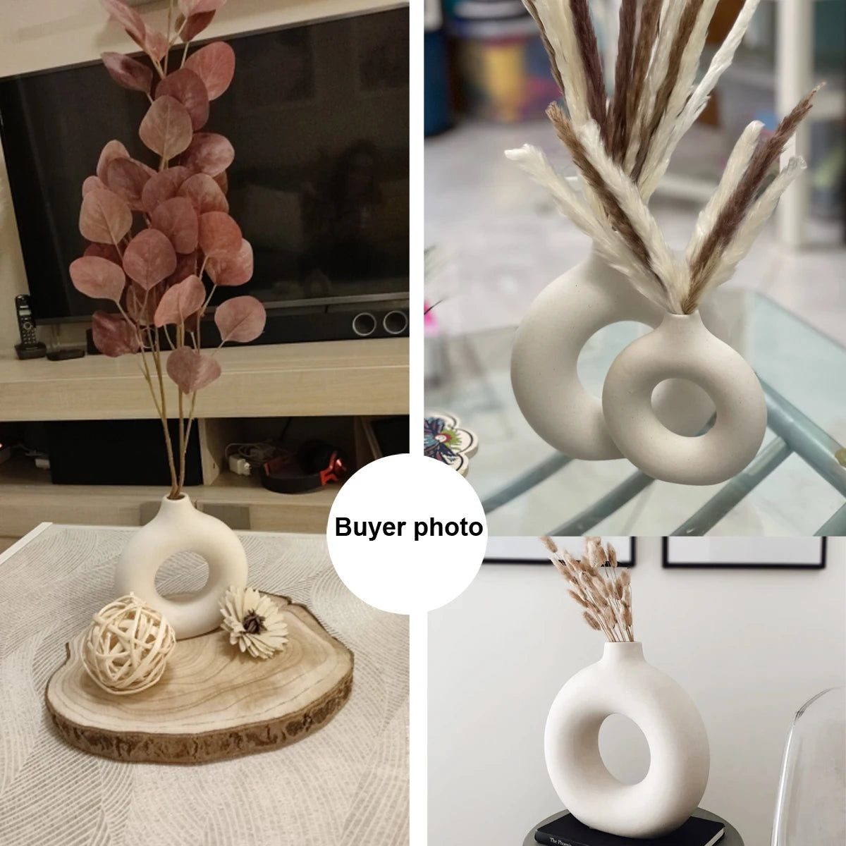 Nordic Circular Hollow Ceramic Donut Vase - Decorative Flower Pot for Living Room, Office & Desktop Decor