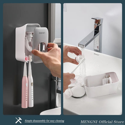 MENGNI Automatic Toothpaste Dispenser - Wall-Mounted Punch-Free Toothbrush Holder & Bathroom Accessory Rack - Hom Haven