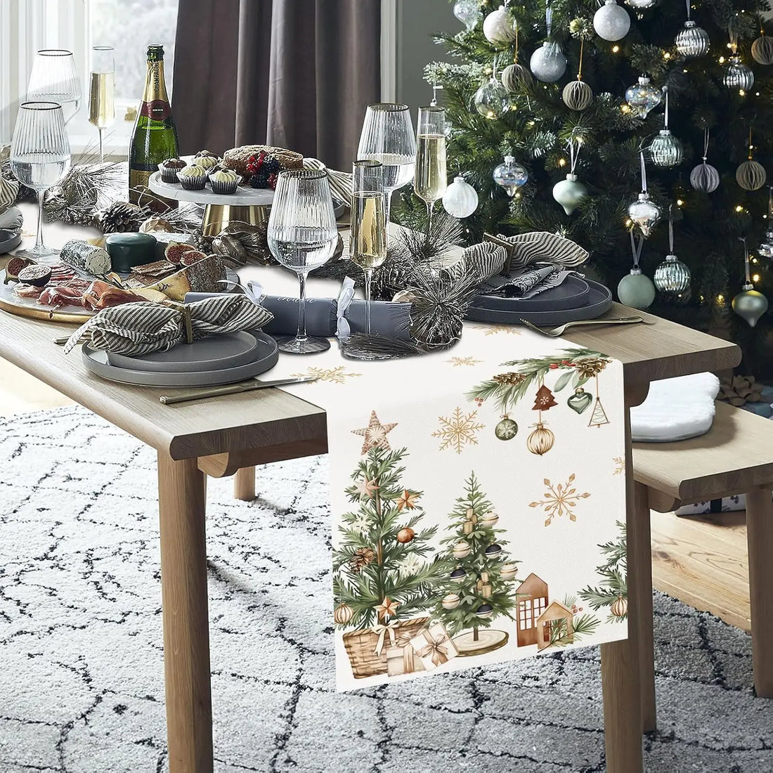 Christmas Snowflakes Xmas Trees Holly Table Runner Party Decor Winter Holiday Kitchen Dining Table Runner Christmas Decorations