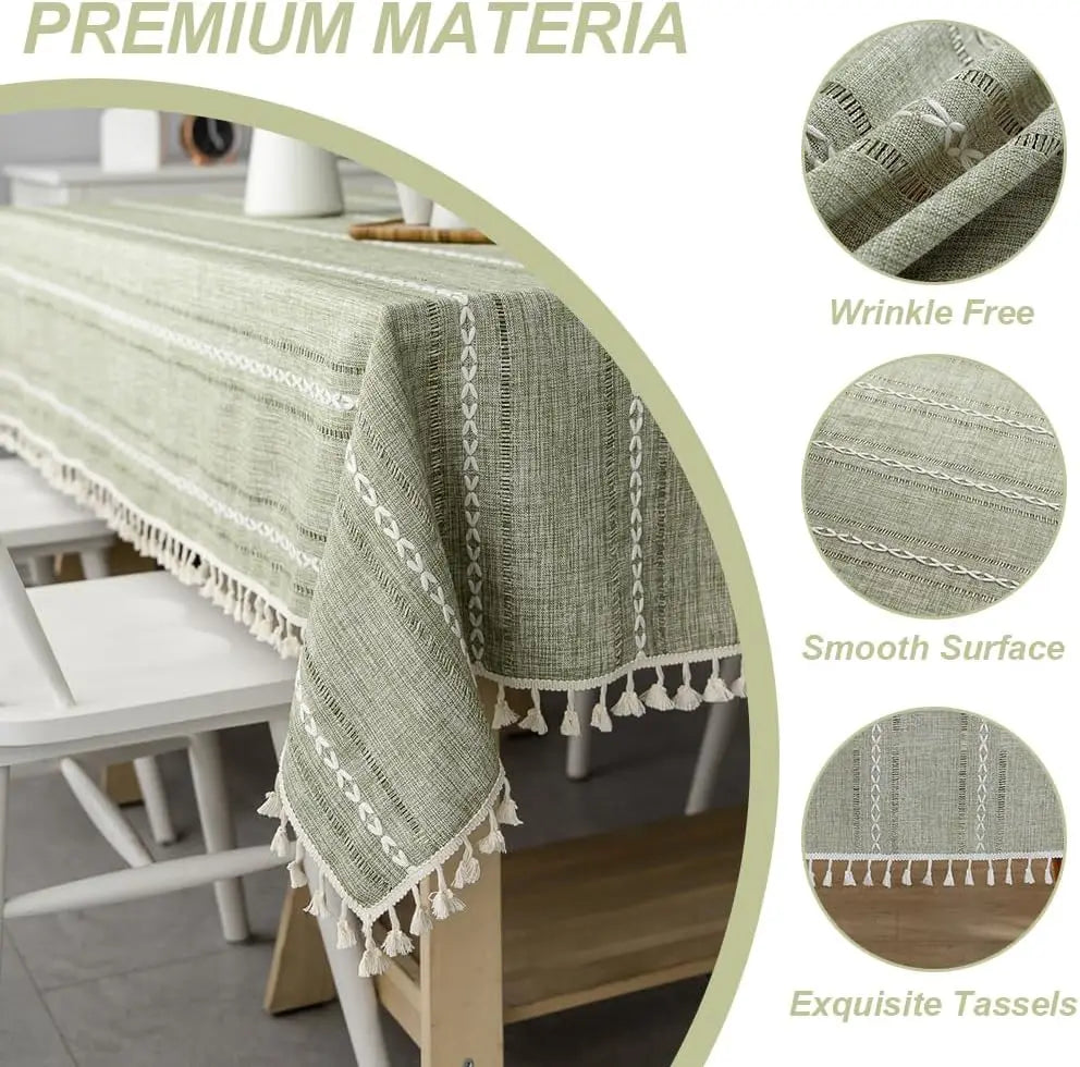 Cotton Linen Stripe Tassel Tablecloth Stain Resistant Dust-Proof Table Cover for Kitchen Dinning Tabletop Decoration Rectangular