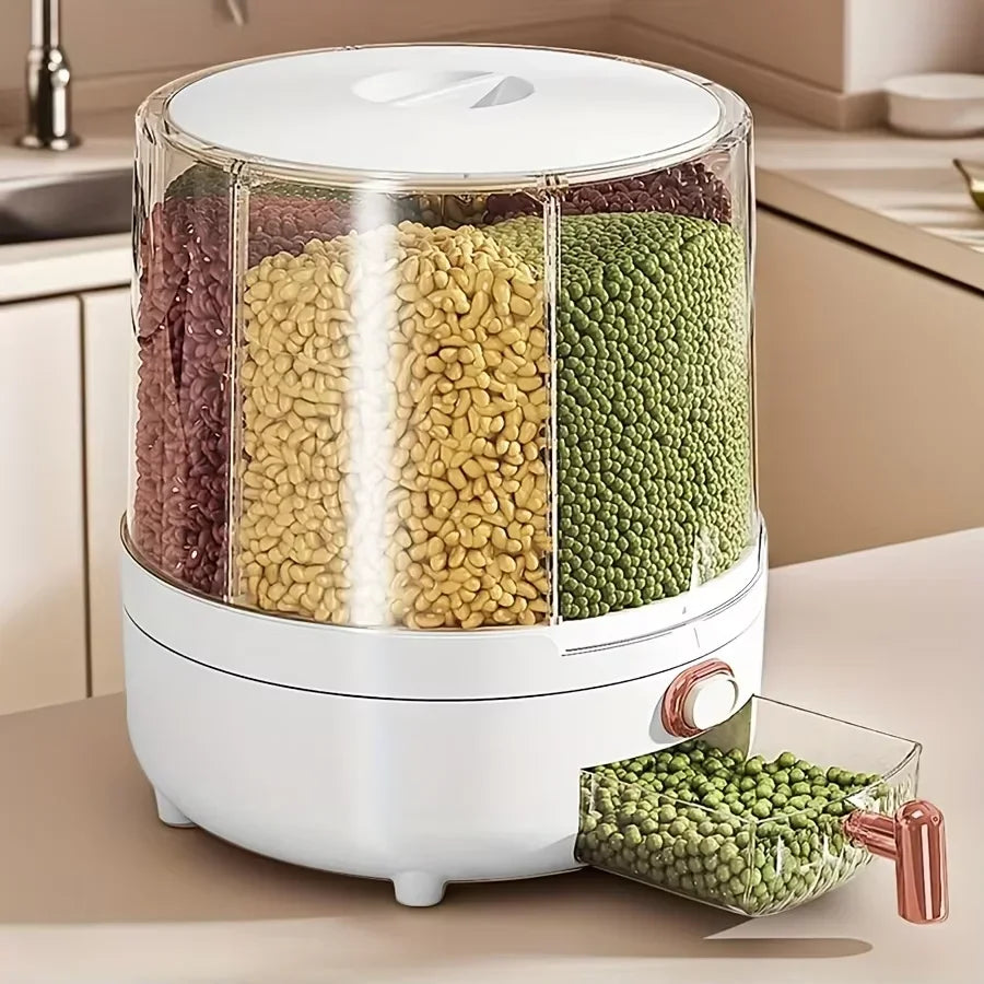6-Compartment 360° Rotating Airtight Food Storage Container - Moisture-Proof Pantry Organizer for Cereal, Candy & Rice