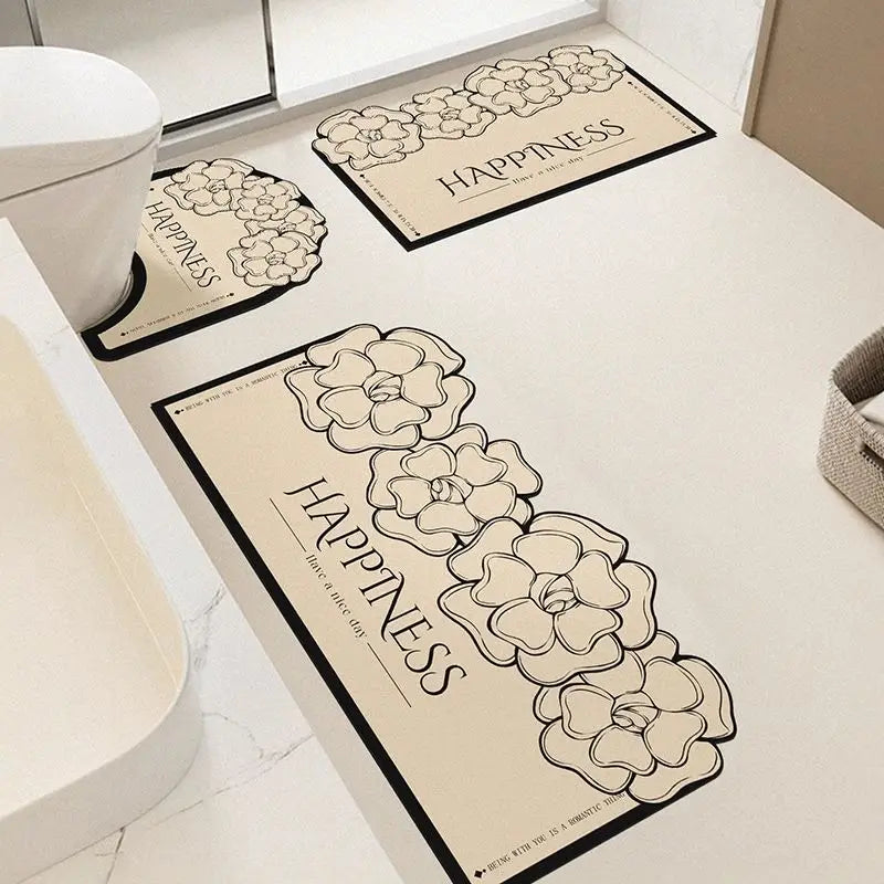 VIKAMA Luxury Bath Mat - Beige/Black Floral, Non-Slip, Super Absorbent with "BEAUTIFUL" Print for Master/Guest Bathroom