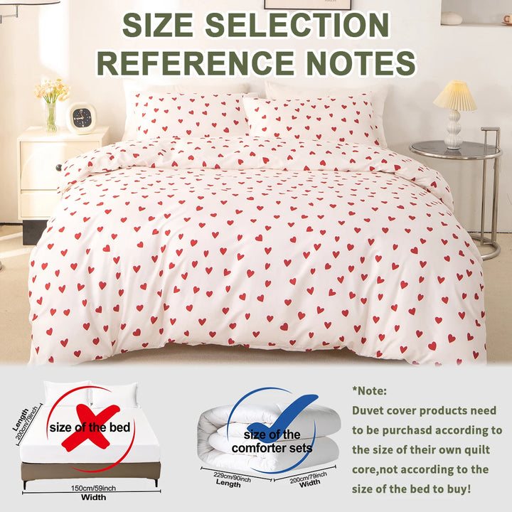 3pcs/set Small Red Heart Printed Duvet Cover Set(1 Duvet Cover & 2 Pillowcase）Soft And Skin-Friendly Duvet Cover Bedding Set For