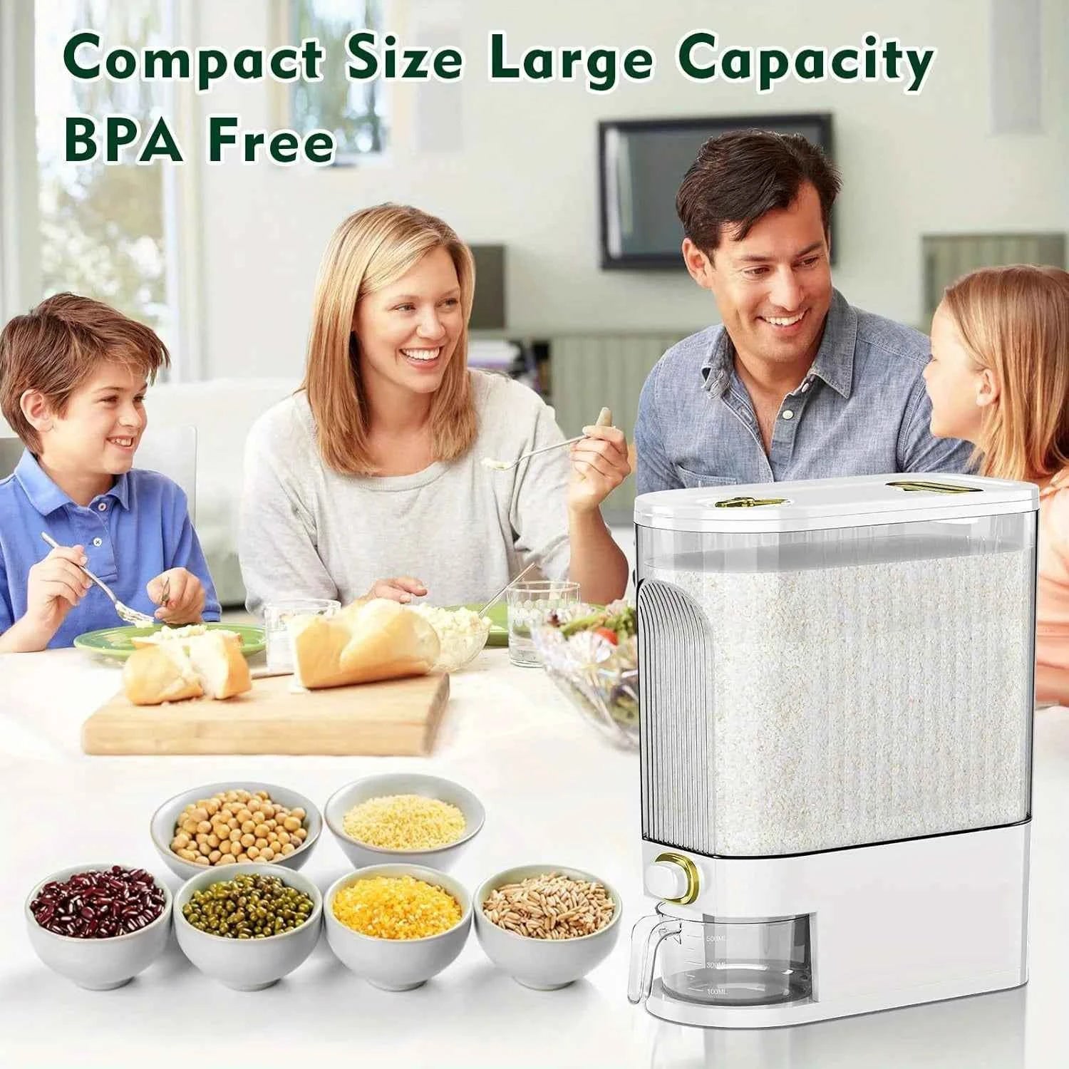Large Kitchen Rice Dispenser - 5kg/10kg Pantry Storage Solution with Built-in Measuring Cup - Hom Haven