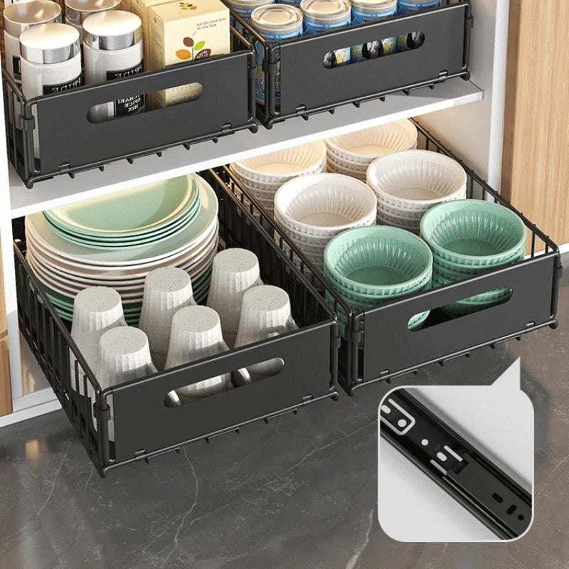 Pull-Out Cabinet Storage Rack - Metal Kitchen Seasoning & Bathroom Deep Cabinet Organizer Basket