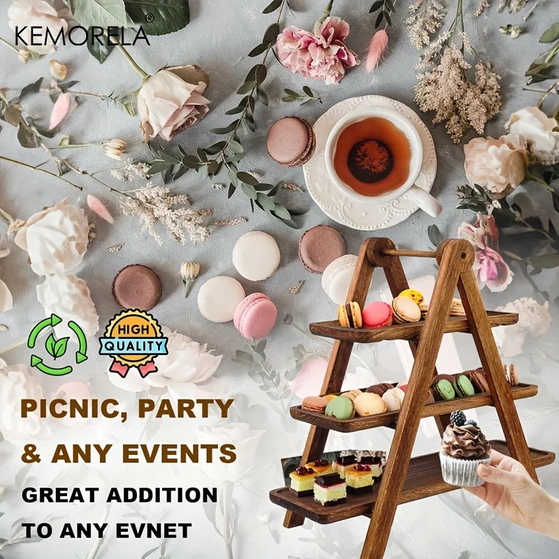 3 Tier Serving Tray Three Tiered Cupcake Stand Rectangle Serving Platter Wooden Tiered Tray Party Serving Brown Decorative Tray