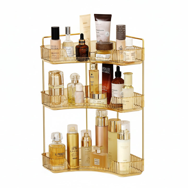 Gold corner shelf with skincare products against a white wall