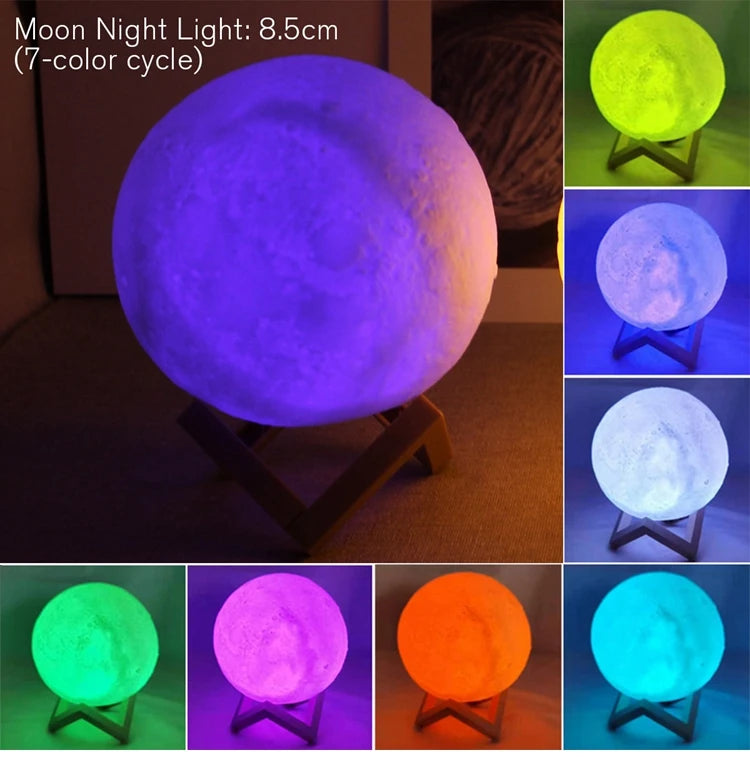 8cm Moon Lamp LED Night Light with Stand - Battery Powered Starry Bedroom Decor & Kids Gift