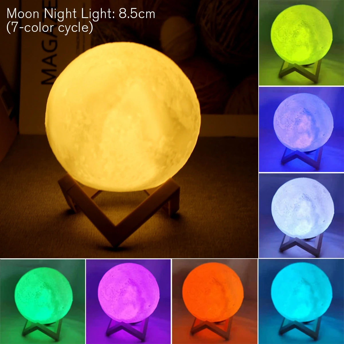 8cm Moon Lamp LED Night Light with Stand - Battery Powered Starry Bedroom Decor & Kids Gift