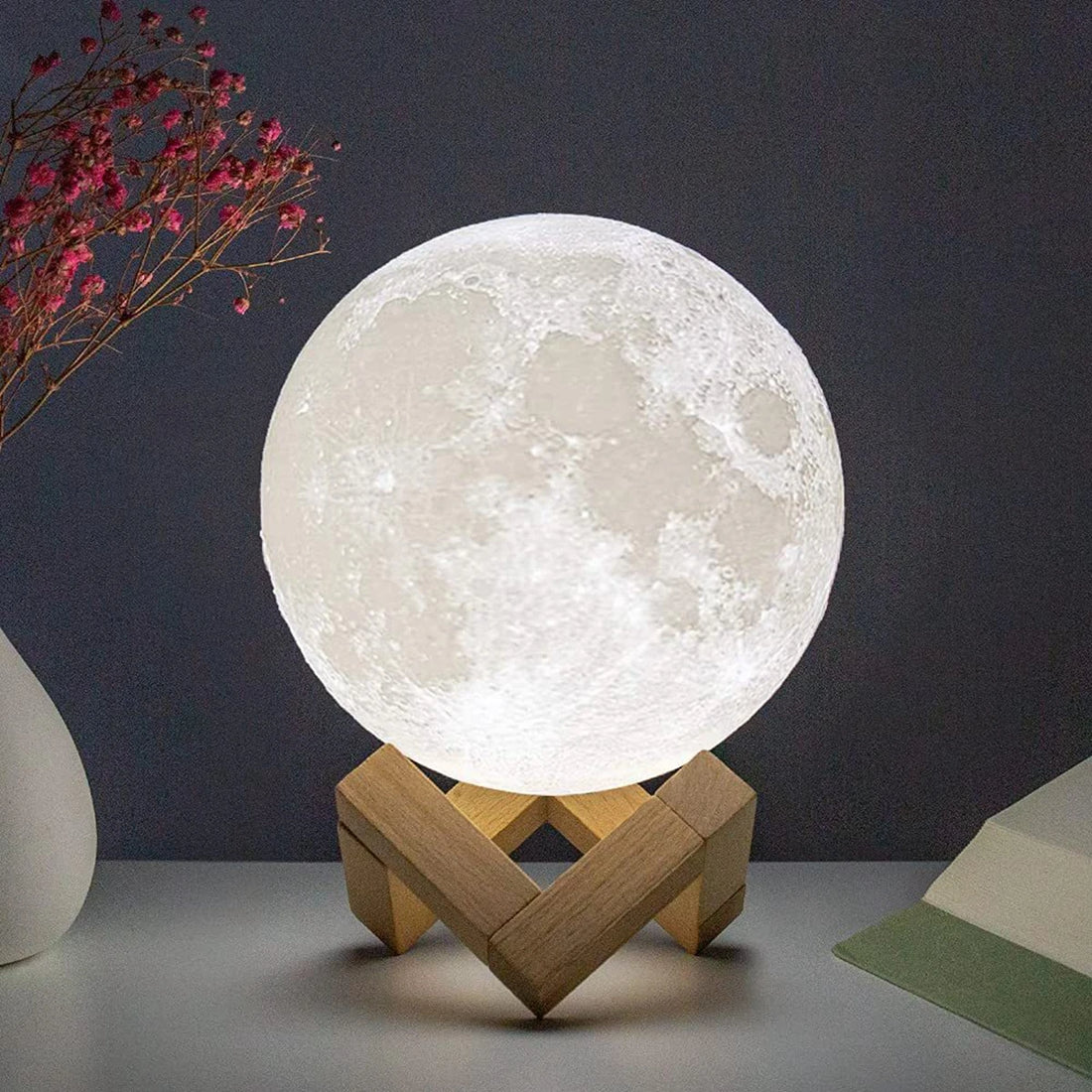8cm Moon Lamp LED Night Light with Stand - Battery Powered Starry Bedroom Decor & Kids Gift