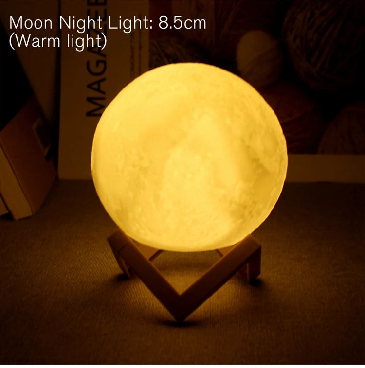 8cm Moon Lamp LED Night Light with Stand - Battery Powered Starry Bedroom Decor & Kids Gift