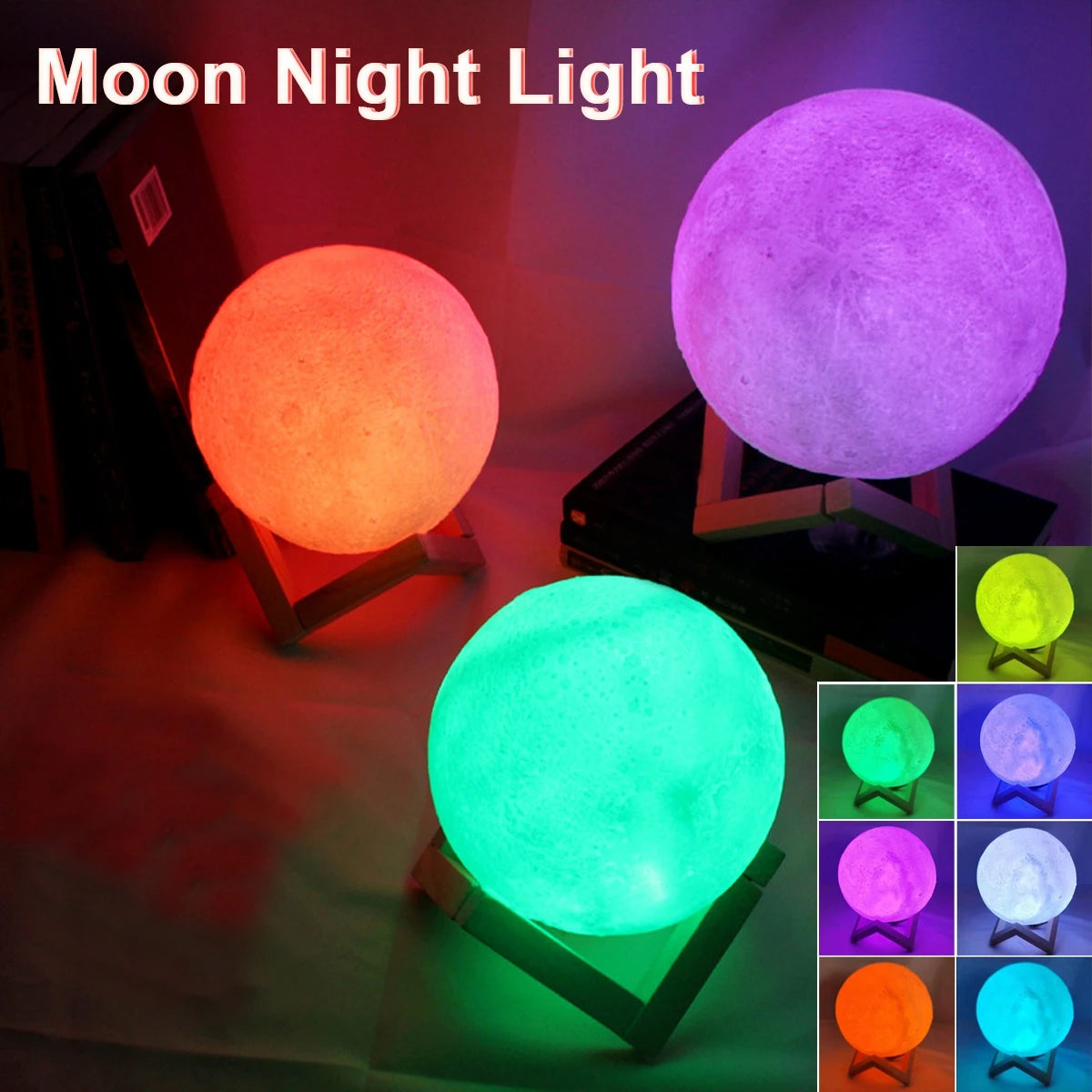 8cm Moon Lamp LED Night Light with Stand - Battery Powered Starry Bedroom Decor & Kids Gift